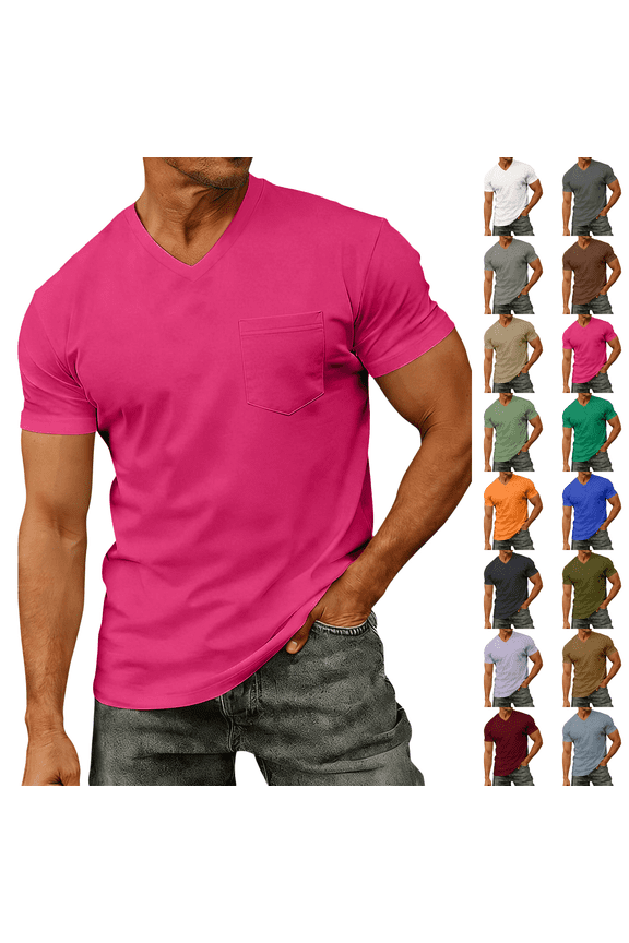 T-Shirts Mens Cotton Short Sleeve Pocket Tee Shirt Casual V Neck Soft Basic T Shirts Hot Pink 2XL