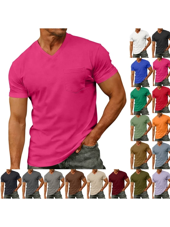 T-Shirts Mens Short Sleeve Pocket Tee Shirt Casual V Neck Soft Basic T Shirts Hot Pink M