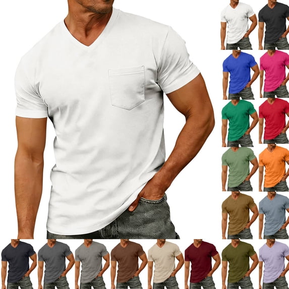 T-Shirts Mens Short Sleeve Pocket Tee Shirt Casual V Neck Soft Basic T Shirts White 2XL