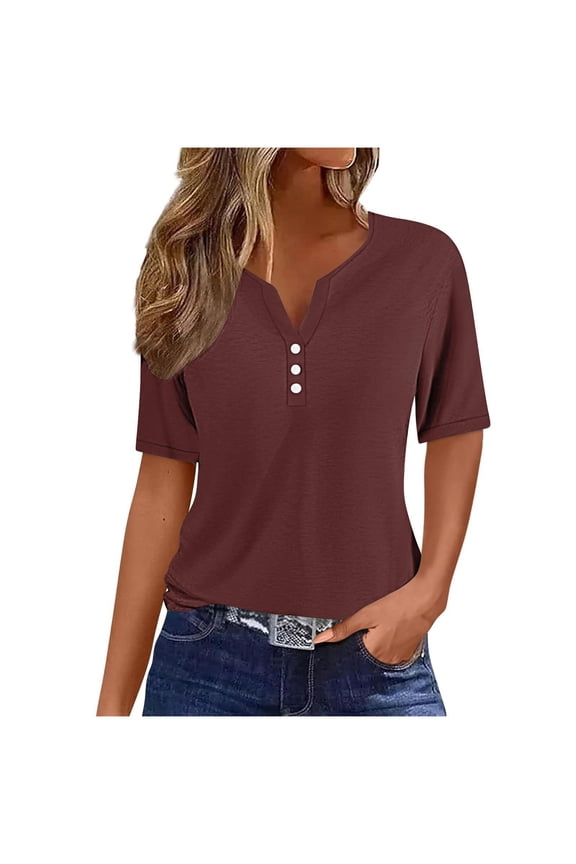 T-Shirts Shirts For Women Sevevn Women's Casual Solid Color Medium Short Sleeve V-Neck Top