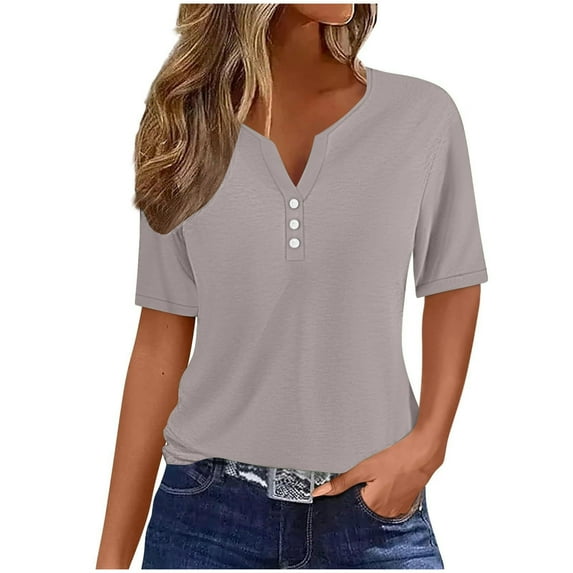T-Shirts Shirts For Women Sevevn Women's Casual Solid Color Medium Short Sleeve V-Neck Top