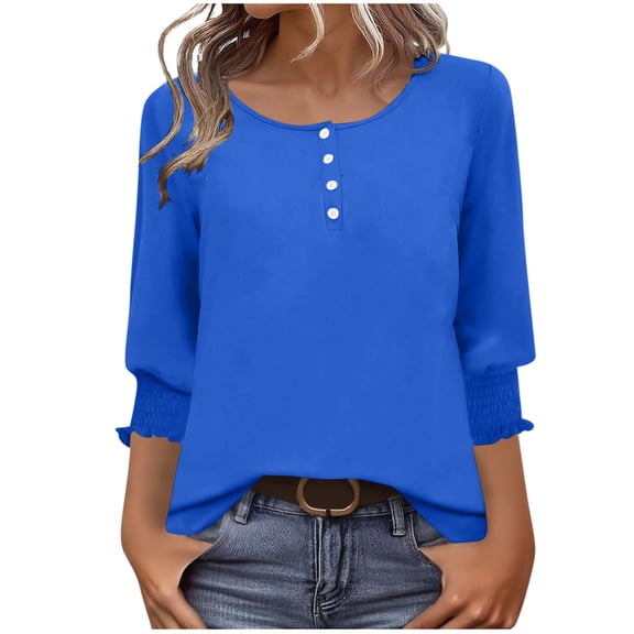 T-Shirts Shirts for Lady 3/4 Sleeve Tops for Women Dressy Casual Blouse, Ruffle Cuffs Sleeve Shirts Button Crewneck Tunic T Shirt Blue XL
