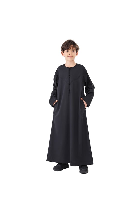 T-Shirts Tops Kids Long Sleeve Thobe Embroidered Design Traditional Style For Cultural Events And Daily Wear Ethnic Tops Arab Robe For Boys Children Tops Black 150/(11-12 Years)