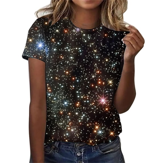 T-Shirts For Women 3D Galaxy Print T Shirts Glitter Shirts Blouse Fashionable Starry Summer Shirts Round Neck Short Sleeve Tops For Carnival Costumes Womens Tops