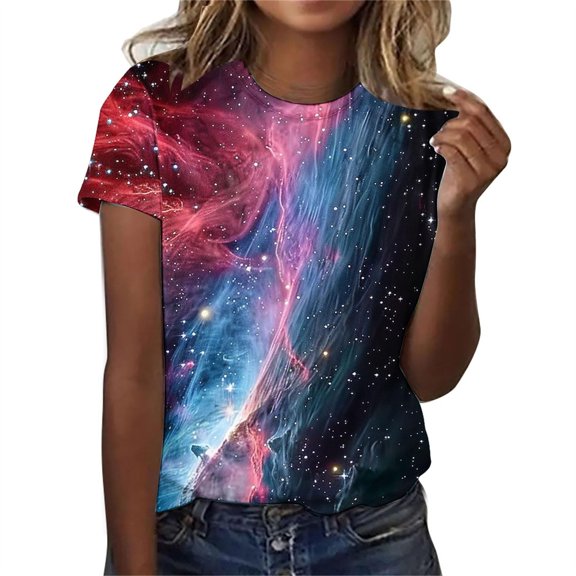 T-Shirts For Women 3D Galaxy Print T Shirts Glitter Shirts Blouse Fashionable Starry Summer Shirts Round Neck Short Sleeve Tops For Carnival Costumes Womens Tops