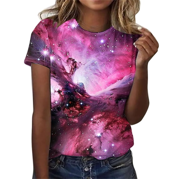 T-Shirts For Women 3D Galaxy Print T Shirts Glitter Shirts Blouse Fashionable Starry Summer Shirts Round Neck Short Sleeve Tops For Carnival Costumes Womens Tops