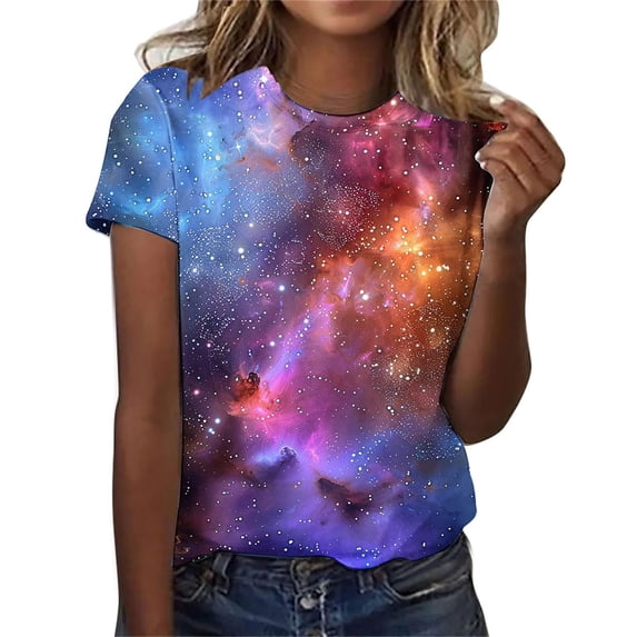 T-Shirts For Women 3D Galaxy Print T Shirts Glitter Shirts Blouse Fashionable Starry Summer Shirts Round Neck Short Sleeve Tops For Carnival Costumes Womens Tops