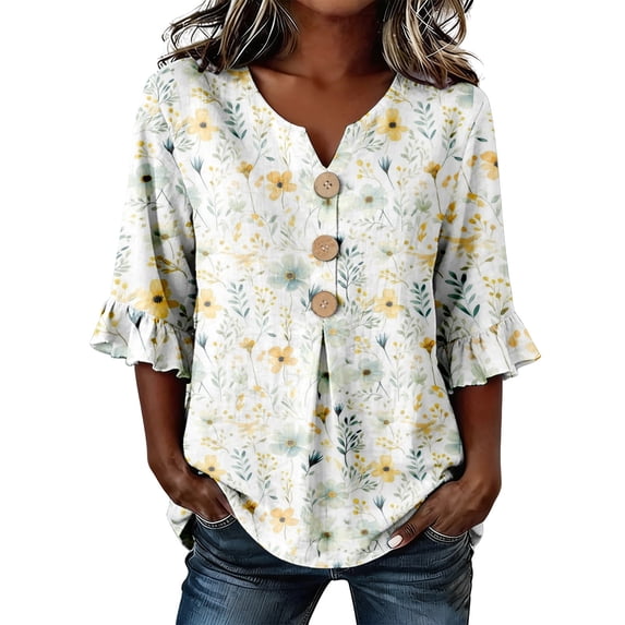 T Shirts for Women BWASD Retro Boho Summer Cotton Linen Short Sleeve V Neck T-Shirt Casual Loose Fit 3/4 Sleeve Flowers Print Blouse Cute Summer Tops Trendy (Yellow 2XL)
