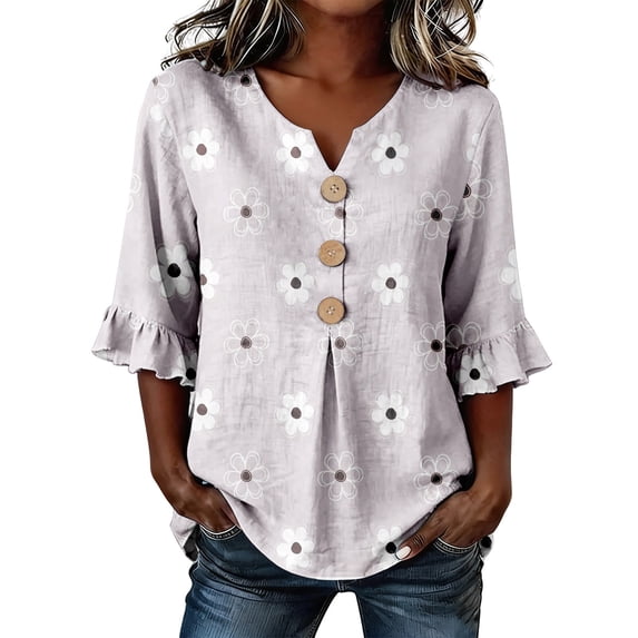 T Shirts for Women BWASD Retro Boho Summer Cotton Linen Short Sleeve V Neck T-Shirt Casual Loose Fit 3/4 Sleeve Flowers Print Blouse Cute Summer Tops Trendy (Light Violet L)