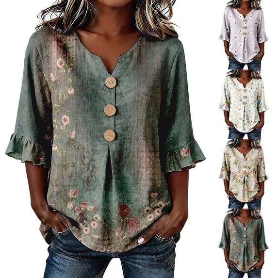T Shirts for Women BWASD Retro Boho Summer Cotton Linen Short Sleeve V Neck T-Shirt Casual Loose Fit 3/4 Sleeve Flowers Print Blouse Cute Summer Tops Trendy (Green L)
