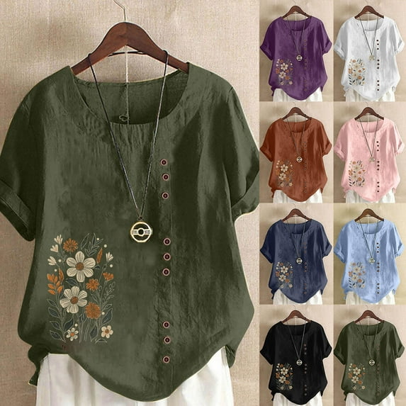 T Shirts for Women Clearance $5 Plus Size, Xunlbb Women Casual And Linen Round-Neck Top Printed Short Sleeve Button T-shirt Blouse ,T-shirt Tunic Tops Army Green