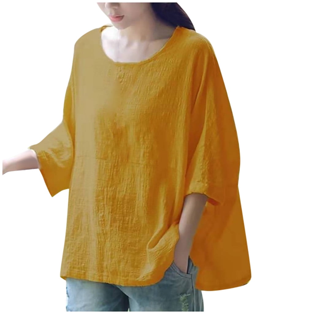 TShirts Women Crew Neck ElbowLength Casual Tee Solid Print Yellow Xxl