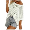 thumbnail image 1 of T Shirts For Women Crochet For Women Hollow Out Off Shoulder Short Sleeve Casual Summer Knit Cover Up Sweater Lightweight Oversized Baggy Pullover Trendy Summer Casual Short Sleeve Tops for Women, 1 of 6