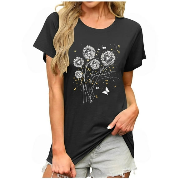 T Shirts for Women Graphic Now on Sale Sunflower Graphic Shirt for Women Cute Floral Print Crew Neck Short Sleeve T-Shirts Ladies Tops and Blouses Teen Girls Casual T Shirts New P-Black S