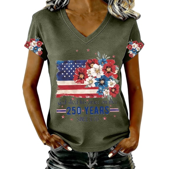 T Shirts for Women Gsakboxl Women V Neck Patriotic T-Shirt, 4th Of July USA 250th Anniversary American Flag Floral Graphic Print Short Sleeve Casual Holiday Tops Womens Blouses XL