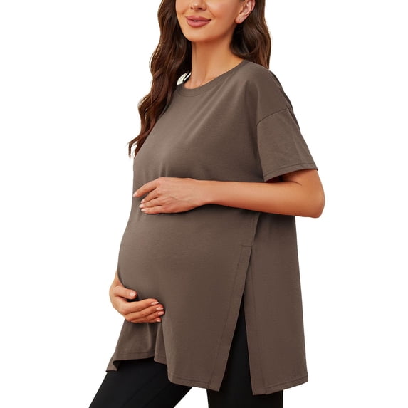 T Shirts for Women Helii Casual Plus Size Breathable Soft Short Sleeve Crewneck T Shirts Loose Fit Split Side Shirts Maternity Pregnancy Tops (Brown S)