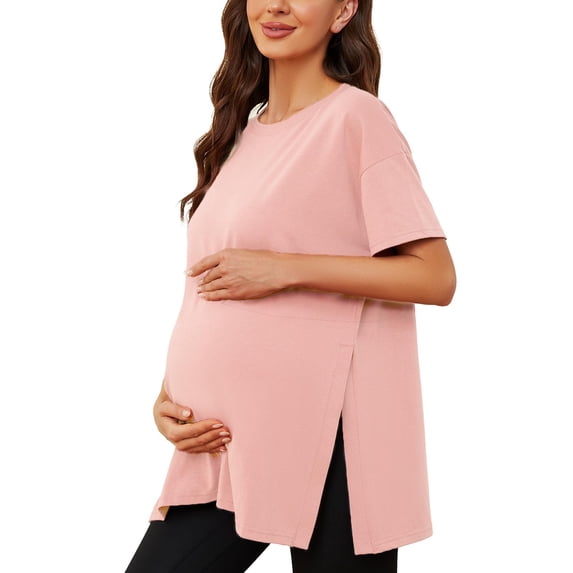 T Shirts for Women Helii Casual Plus Size Breathable Soft Short Sleeve Crewneck T Shirts Loose Fit Split Side Shirts Maternity Pregnancy Tops (Pink L)