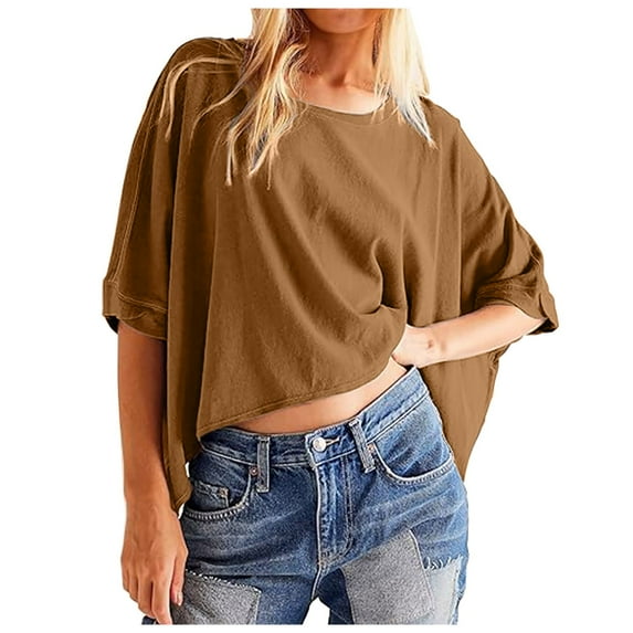 T Shirts Women Loose Fit Ladies Oversized Cropped Summer Casual Short Sleeve Loose Fit Tee Tops Womens Tshirts Coffee XXL