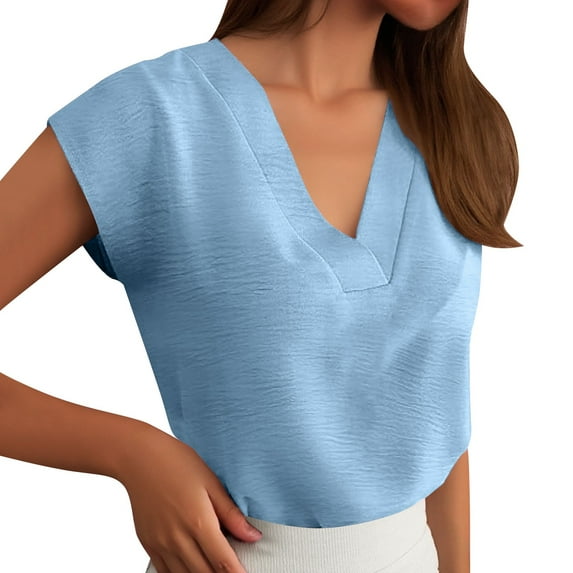 T Shirts For Women Loose Fit Summer Tops Casual Cap Sleeve Textured Dressy V Neck 2025 Business Work Blouses Outfits Short Sleeve Women's T-Shirts Graphic Tees Sky Blue XXL