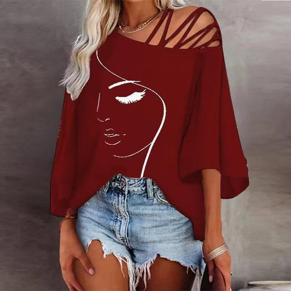 T Shirts Women Off Shoulder Crew Neck Short Sleeve Loose Fit Stylish Print Breathable Tops for Everyday Wear Womens Tees RD1 XXXL