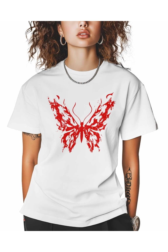 T Shirts for Women Short Sleeve Cotton Crewneck T-Shirt, Abstract Butterfly Streetwear Y2K Retro Graffiti Tee Tops Casual Basic T-Shirts, XS-5XL White 4XL
