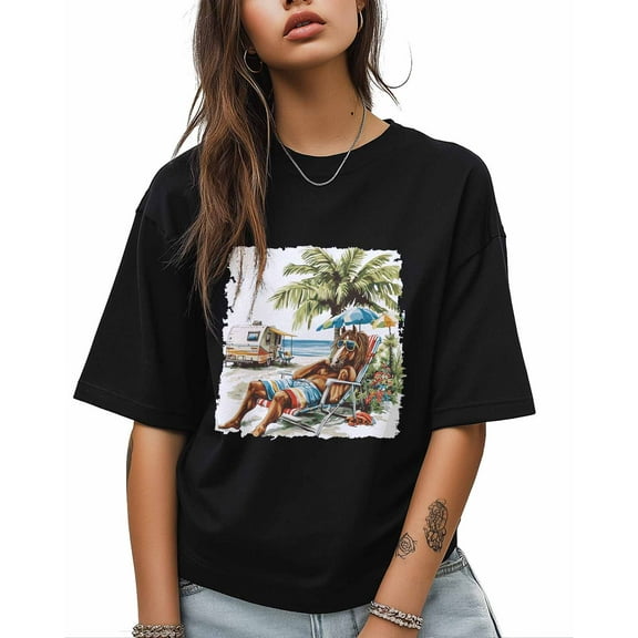 T Shirts for Women Short Sleeve Cotton Crewneck T-Shirt, Beach Vacation Palm Tree Camping Car Funny Horse Tee Tops Casual Basic T-Shirts, XS-5XL Black 5XL