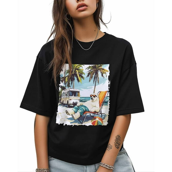 T Shirts for Women Short Sleeve Cotton Crewneck T-Shirt, Beach Vacation Palm Tree Camping Car Funny Rabbit Tee Tops Casual Basic T-Shirts, XS-5XL Black S