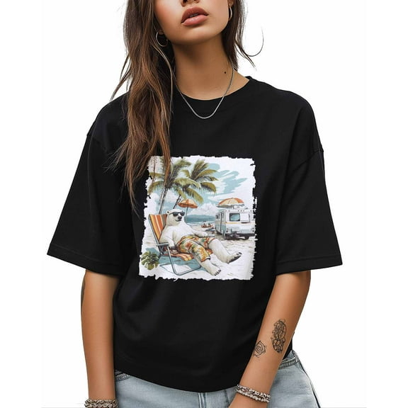T Shirts for Women Short Sleeve Cotton Crewneck T-Shirt, Beach Vacation Palm Tree Camping Car Polar Bear Tee Tops Casual Basic T-Shirts, XS-5XL Black M