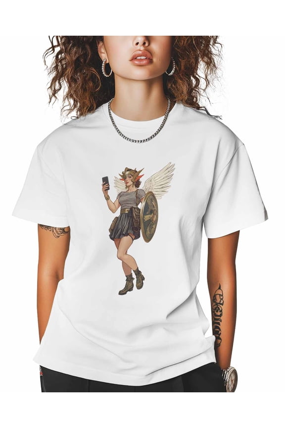 T Shirts for Women Short Sleeve Cotton Crewneck T-Shirt, Female Warrior Wings Cell Phone Shield Cartoon Classical Tee Tops Casual Basic T-Shirts, XS-5XL White XS