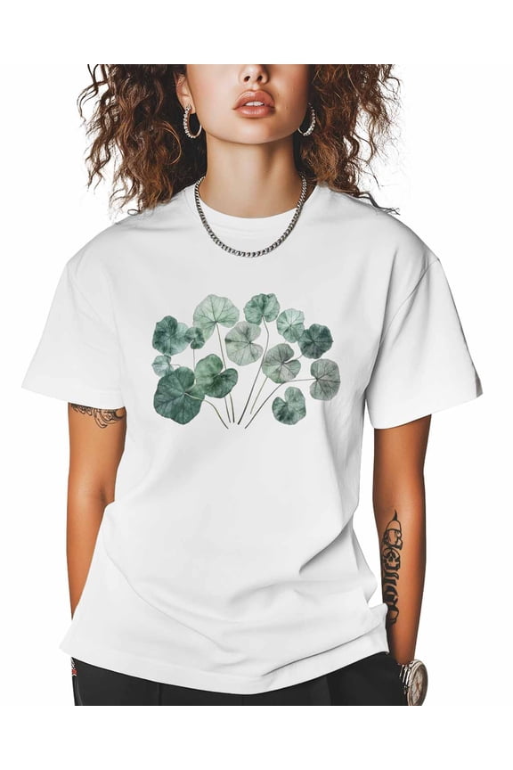 T Shirts for Women Short Sleeve Cotton Crewneck T-Shirt, Lotus Leaf Watercolor Plant Green Gradient Ink Tee Tops Casual Basic T-Shirts, XS-5XL White 5XL
