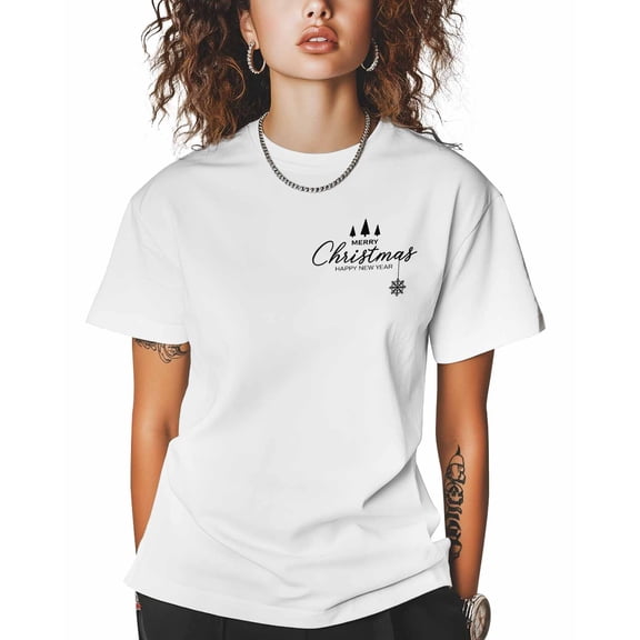 T Shirts for Women Short Sleeve Cotton Crewneck T-Shirt, Merry Christmas Xmas Tree HAPPY NEW YEAR Text Tee Tops Casual Basic T-Shirts, XS-5XL White XS