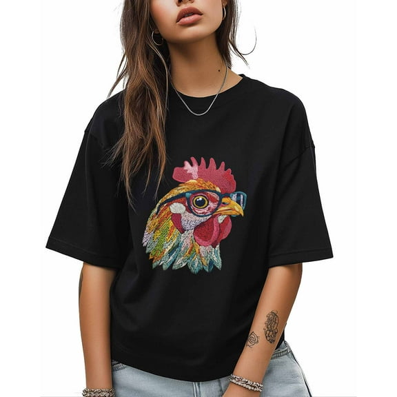 T Shirts for Women Short Sleeve Cotton Crewneck T-Shirt, Rooster Wearing Glasses Embroidery Style Funny Tee Tops Casual Basic T-Shirts, XS-5XL Black L