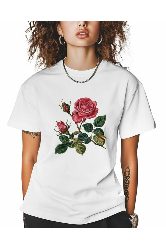 T Shirts for Women Short Sleeve Cotton Crewneck T-Shirt, Three Roses Flower Bud Green Leaf Plant Embroidery Style Tee Tops Casual Basic T-Shirts, XS-5XL White M
