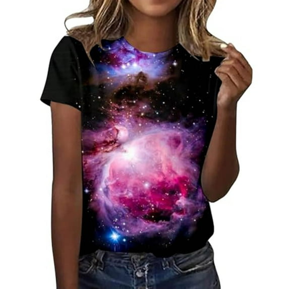 T-Shirts For Women Starry Galaxy Shirt 3D Galaxy Print T Shirt Glitter Shirt Fashion Starry Summer Shirt Round Neck Short Sleeve Top Carnival Outfit Womens Tops