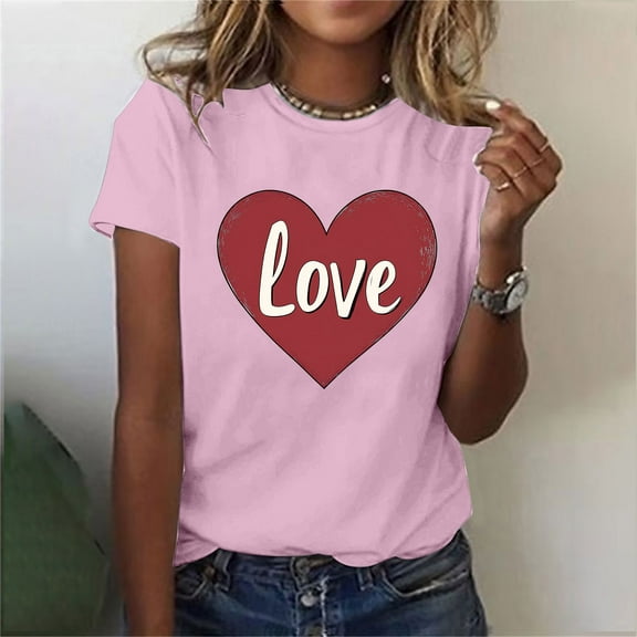 T Shirts for Women Summer Tee Shirt Ladies' Valentine's Day Printed Round Neck Short Sleeved T-shirt Loose Casual Top PinkL