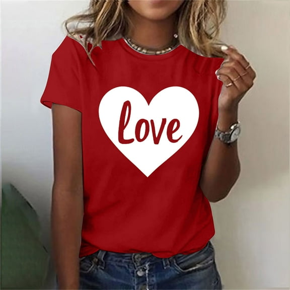 T Shirts for Women Summer Tee Shirt Ladies' Valentine's Day Printed Round Neck Short Sleeved T-shirt Loose Casual Top RedXXL