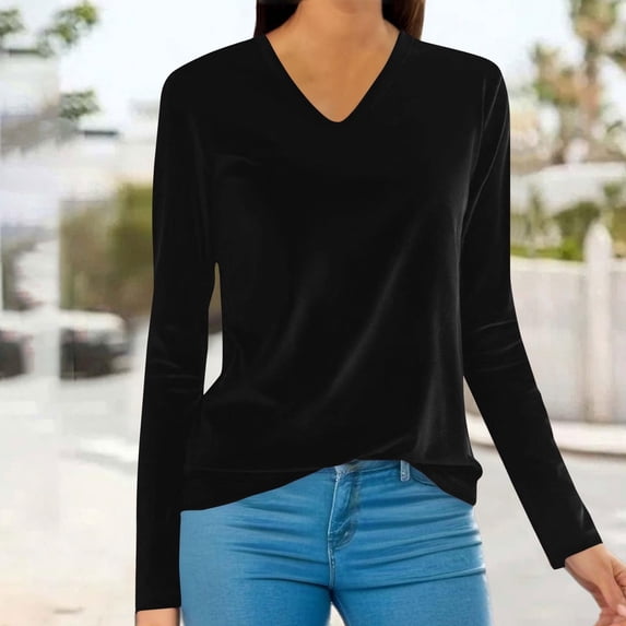 T Shirts for Women Velour Sweatshirt Women V Neck Long Sleeve Casual Pullover Soft Warm Shirts Velvet Tops Fall Outfits for Women 2025 Womens Fashion Top Shirts