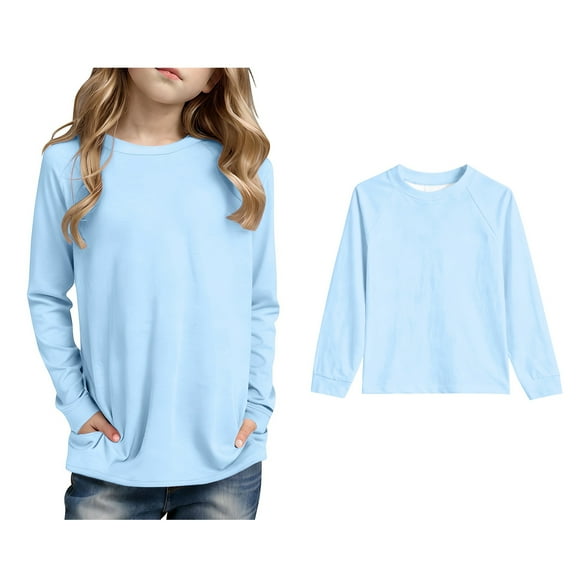 T Shirts for Boys Blue Long Sleeve T-Shirts with Pocket Kids Crewneck Basic Tees Fall Clothes Girls Clothes Size 5-6 Years