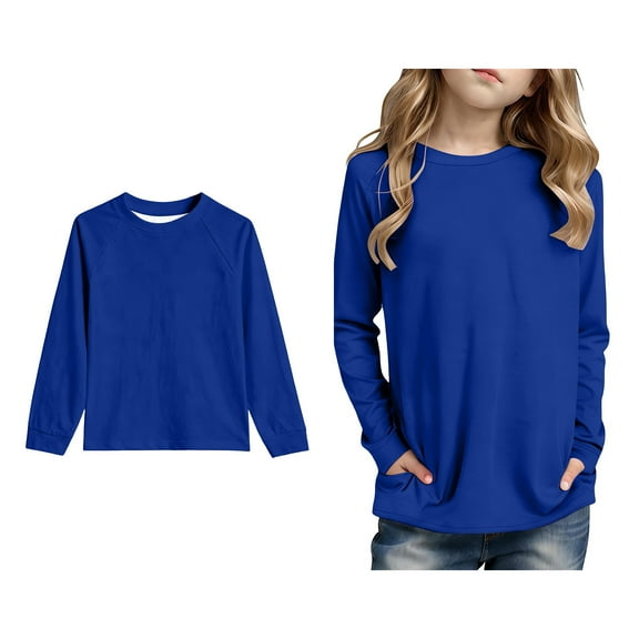T Shirts for Boys Blue Long Sleeve Tee Shirts with Pockets Kids Crewneck T-Shirts Fall Tops Boys Size 5-6 Years Shirts