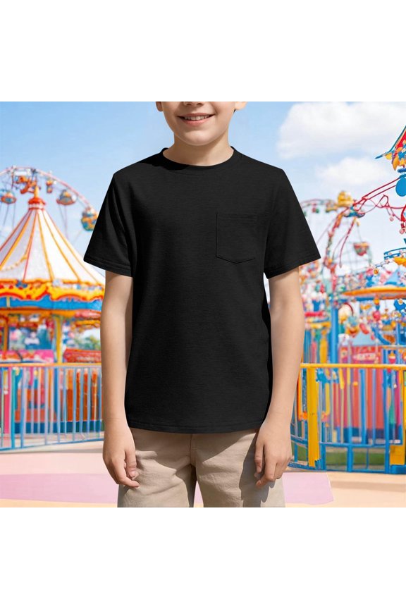 T-Shirts for Boys with Pocket Size 5-13 Short Sleeve Crew Neck Tees Teens Kids Casual Solid Color Pullover Basic Going-Out Tops