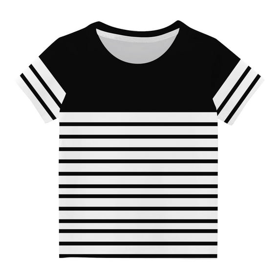 T-Shirts for Girls, Cotton Lightweight Short Sleeve Crew Neck T Shirt Striped Print Cotton Summer Tops Casual Loose Blouse Tees Shirts Black 3-4T