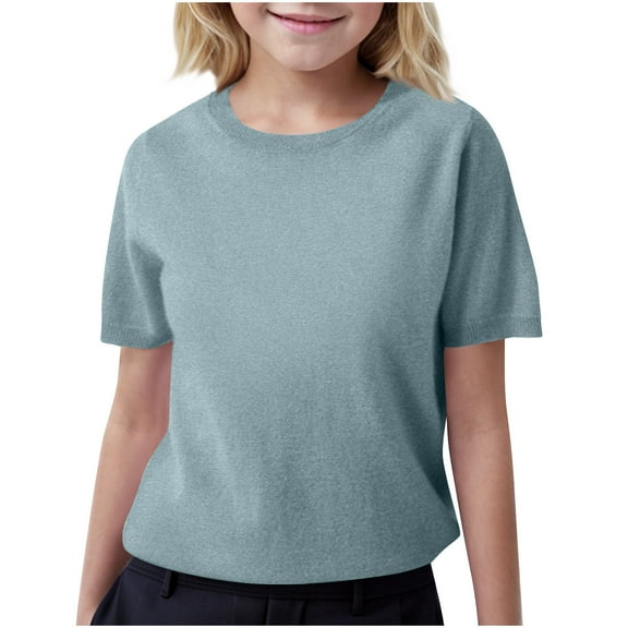T-Shirts for Girls Knitted Short Sleeve Tops Kid Fashion Summer Crew Neck Solid Color Loose Casual Shirts (Light Blue XL)