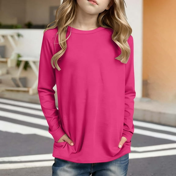 T Shirts for Girls Pink Long Sleeve Shirt Girls Kids Crew Neck Basic Tops Boys Fall Shirts Girls Size 7-8 Years Clothes