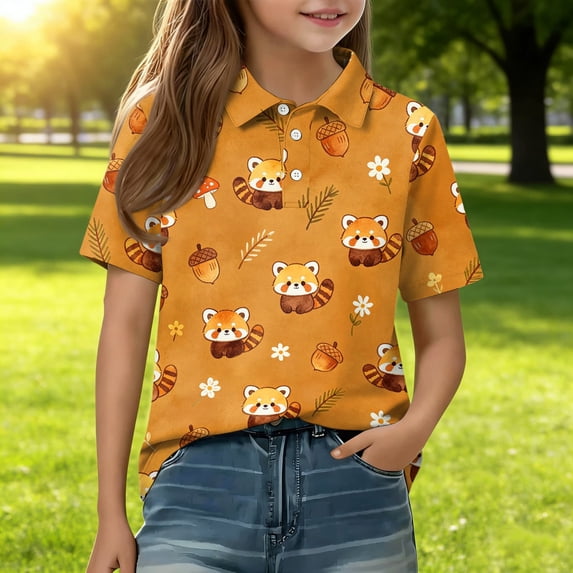 T Shirts for Girls Short Sleeve Henley Cute Cartoon Animal Print Back to School Uniform Button Closure Comfy Active Polo Shirts, 160