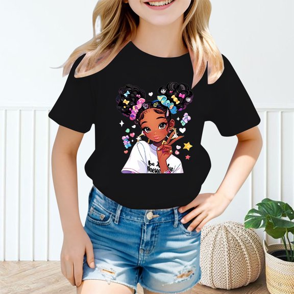 T Shirts for Girls Short Sleeve Kids Cartoon Graphics Cotton Tee Round Neck Summer Tops Black,5-6 Years