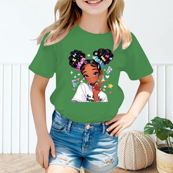 T Shirts for Girls Short Sleeve Kids Cartoon Graphics Cotton Tee Round Neck Summer Tops Green,3-4 Years