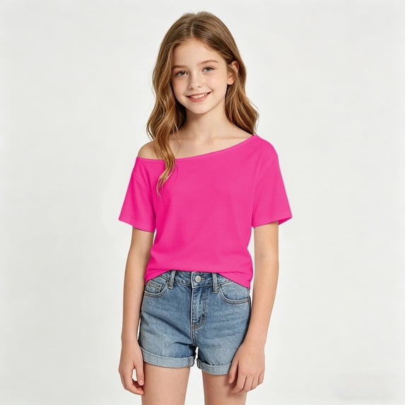 T Shirts for Girls Short Sleeve Off Shoulder Tops Basic T Shirts for Girls, Size 7-12 Years