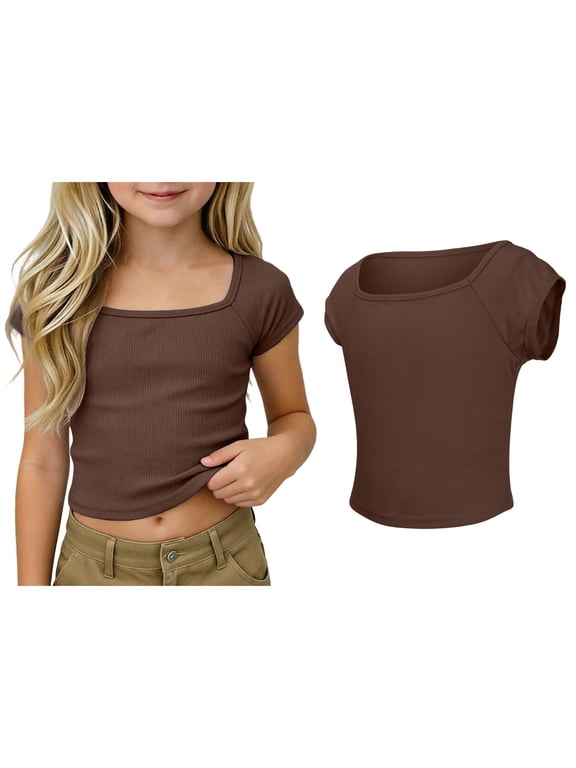 T Shirts for Girls Short Sleeve Square Neck Ribbed Tshirts Kids Basic Plain Girl Tops,Brown,7-8 Years