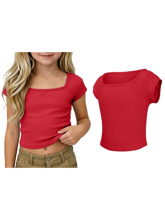 T Shirts for Girls Short Sleeve Square Neck Ribbed Tshirts Kids Basic Plain Girl Tops,Red,4-5 Years