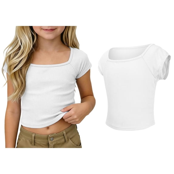 T Shirts for Girls Short Sleeve Square Neck Ribbed Tshirts Kids Basic Plain Girl Tops,White,5-6 Years